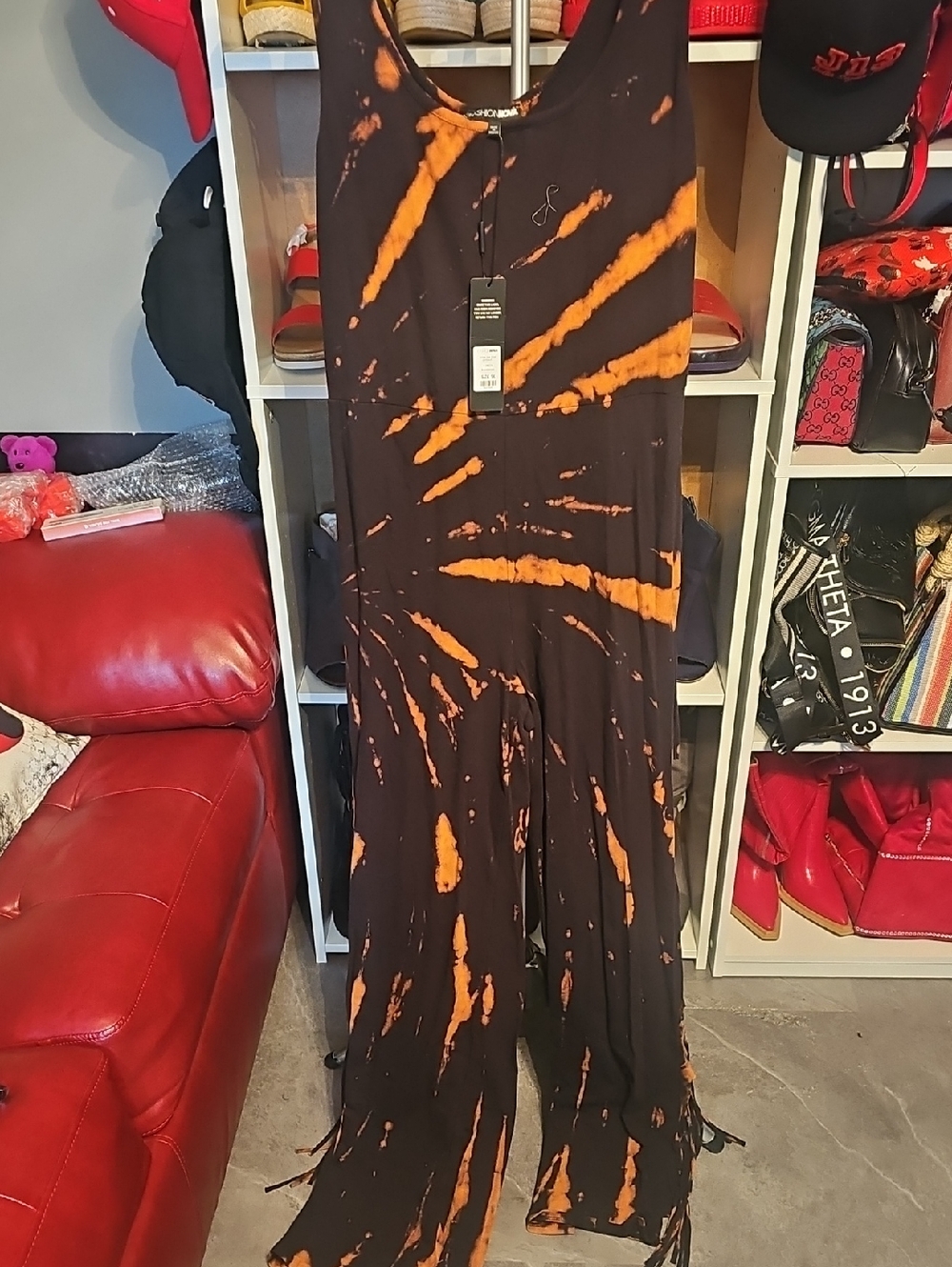 Fashion Nova Black & Orange Tie-Dye Sleeveless Jumpsuit